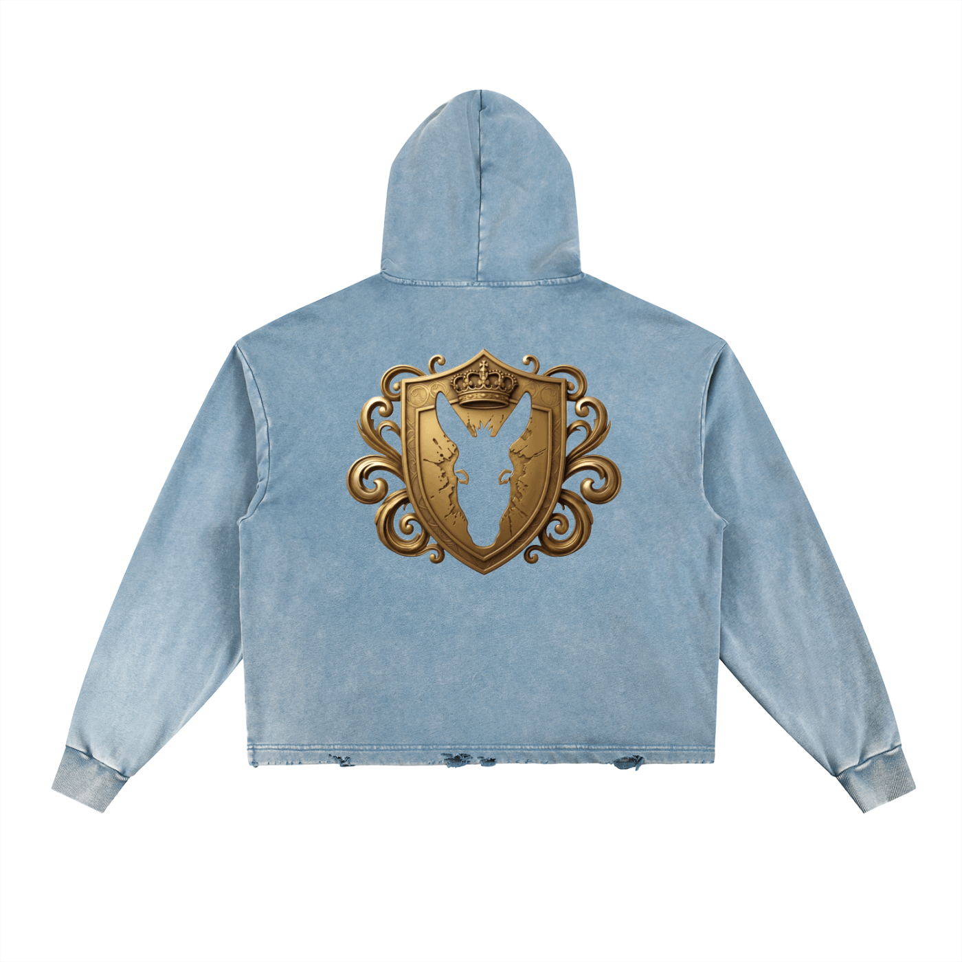 Goldonkey Vintage Washed Frayed-Hem Hoodie featuring a decorative golden shield design on the back.