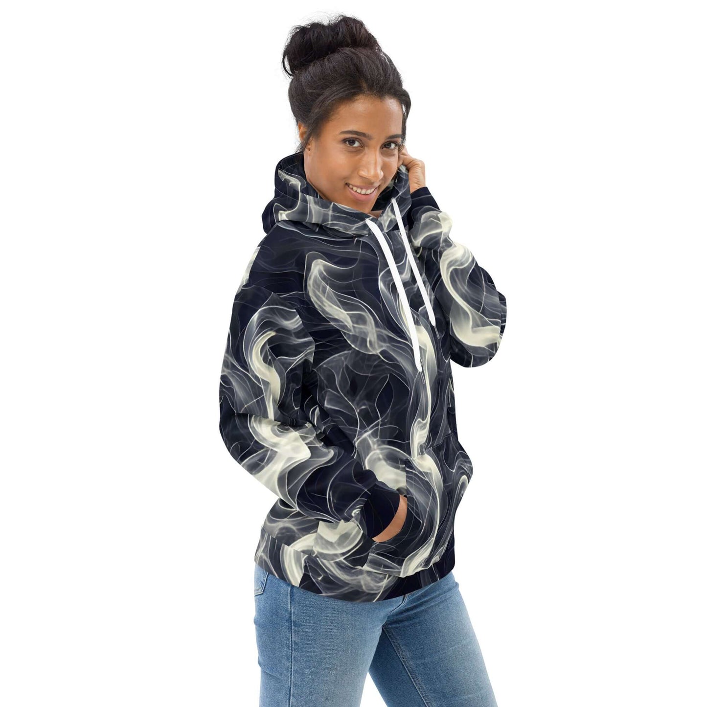 Smokey Unisex Hoodie for Stylish Streetwear Enthusiasts worn by a woman with a hood, featuring a vibrant print and cozy fit.