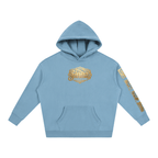 Goldonkey Oversize Fleeced Hoodie in light blue with gold graphic design on front and sleeve.