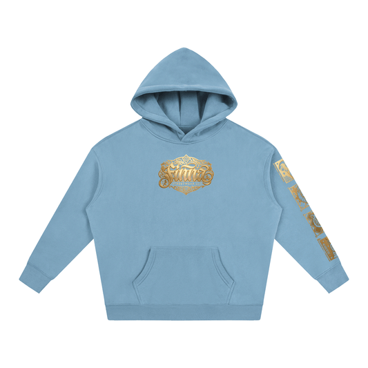 Goldonkey Oversize Fleeced Hoodie in light blue with gold graphic design on front and sleeve.