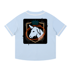 Sprockey Contrast Piped Button-Up Jersey featuring a graphic of a horse logo on the back in a blue color.