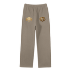 Goldonkey Unisex Solid Color Fleece Straight Leg Pants in brown with decorative gold logos on back.