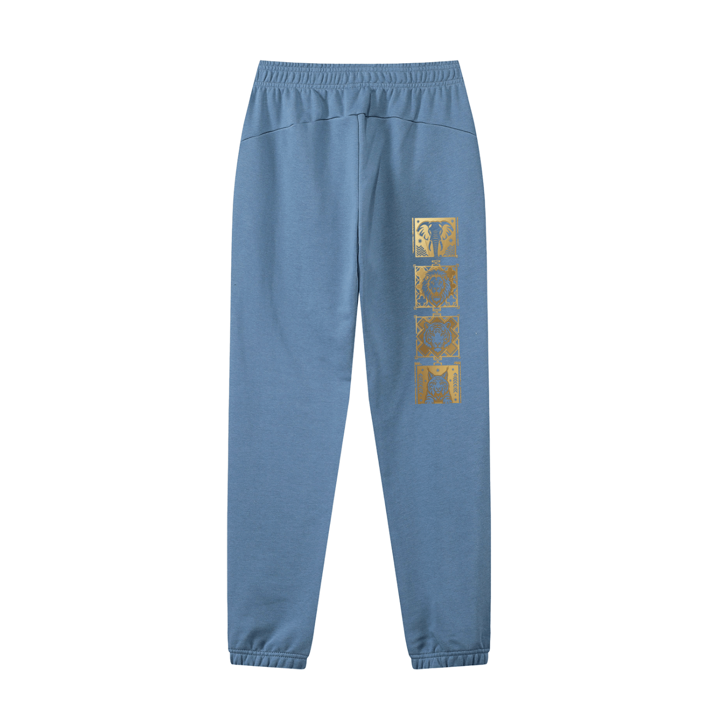 GoldFiore Essential Jogged Sweatpants in blue with unique gold designs on the side.