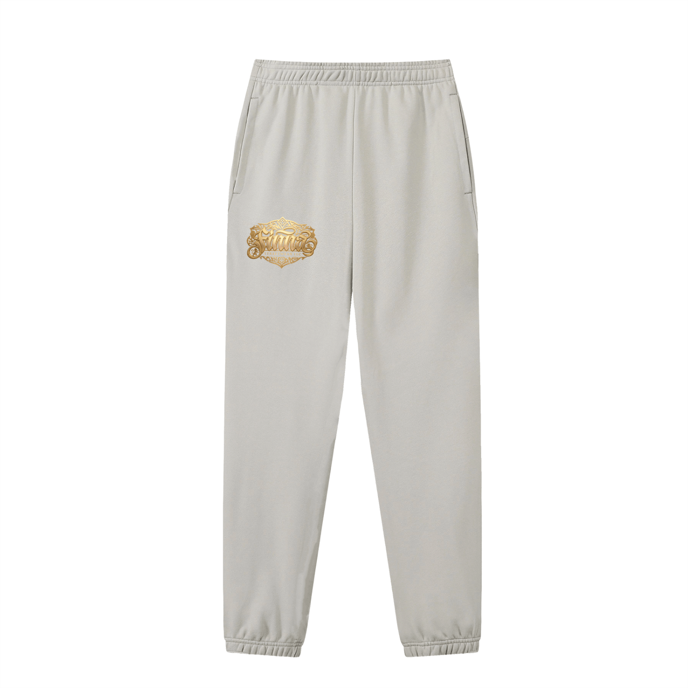 GoldFiore Essential Jogged Sweatpants in grey with gold logo proudly displayed.
