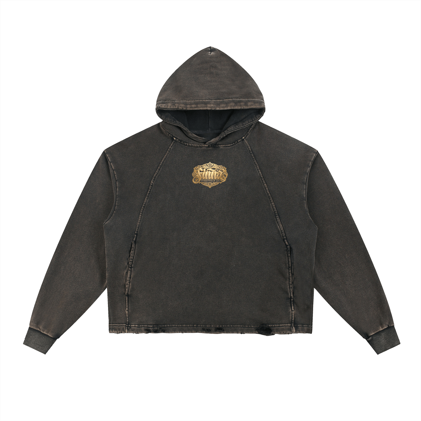 Goldonkey Vintage Washed Frayed-Hem Hoodie in dark wash with hood and distressed hem.