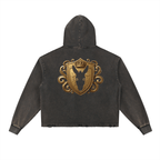 Goldonkey Vintage Washed Frayed-Hem Hoodie featuring a golden emblem on the back, with a stylish frayed hem design.