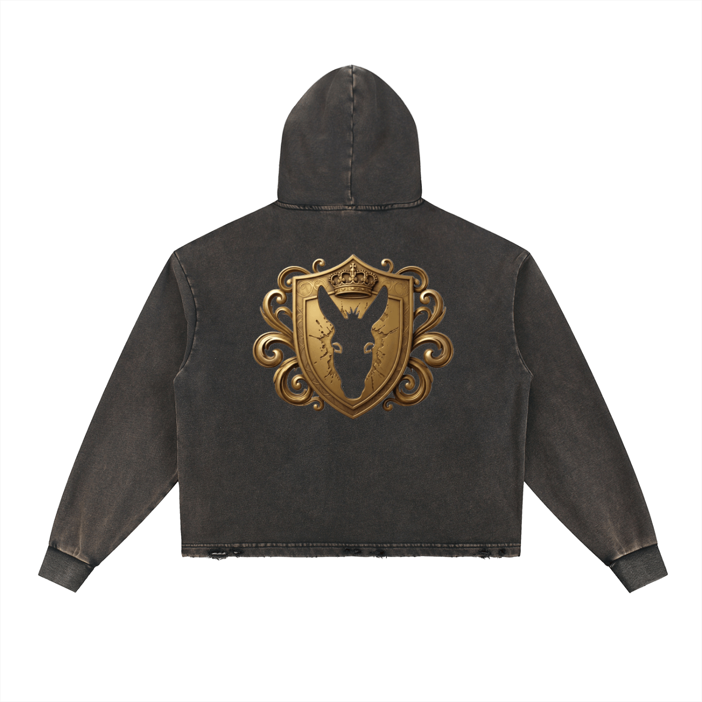 Goldonkey Vintage Washed Frayed-Hem Hoodie featuring a golden emblem on the back, with a stylish frayed hem design.