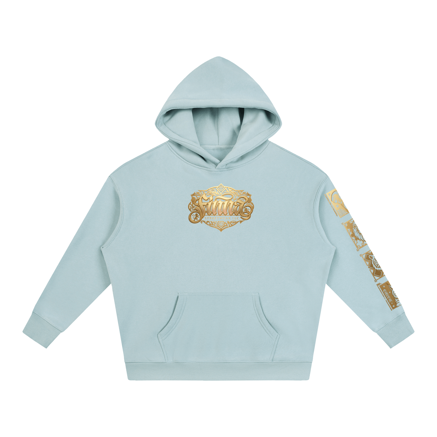 Goldonkey Oversize Fleeced Hoodie in light blue with gold logo detailing on the front and sleeve.