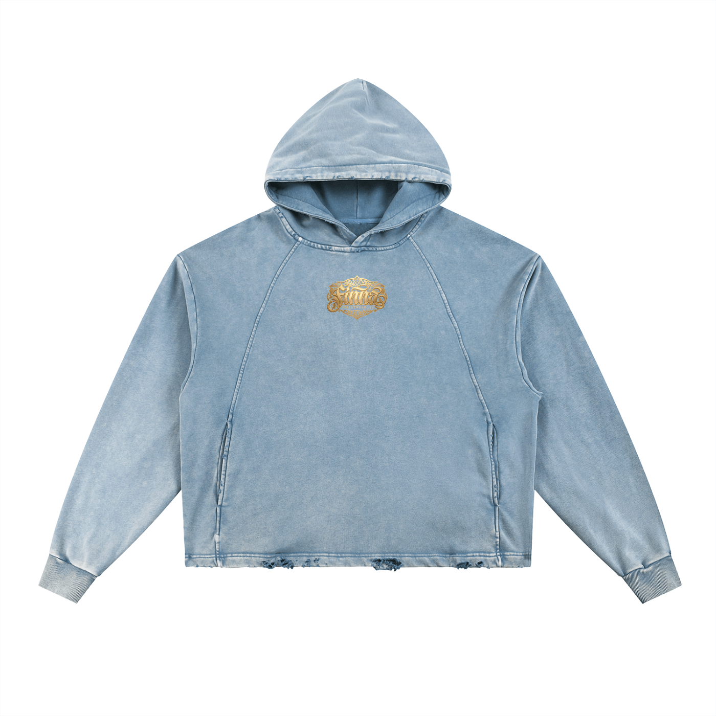 Goldonkey Vintage Washed Frayed-Hem Hoodie in light blue with a frayed hem and gold logo detail.