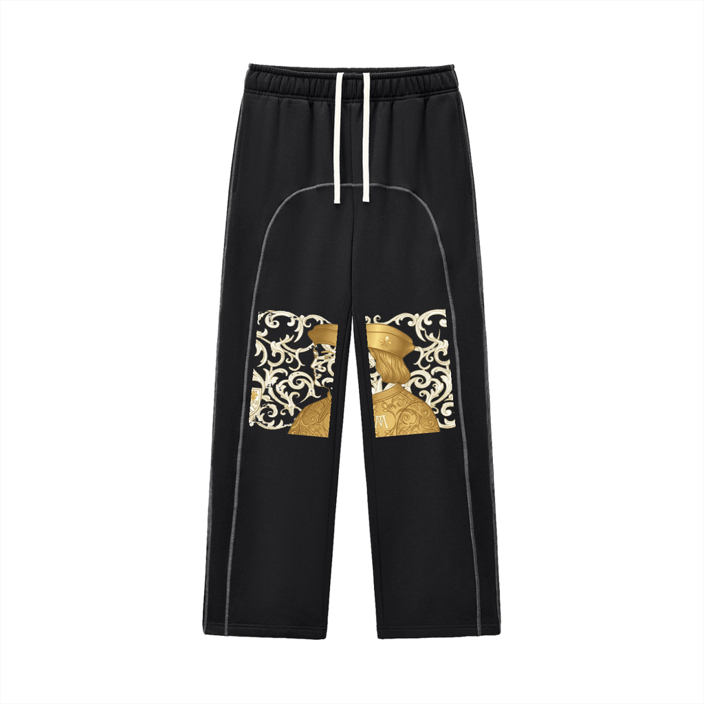 Cosimofiore Contrast-Stitched Fleece Sweatpants featuring elegant gold accents on a sleek black design.