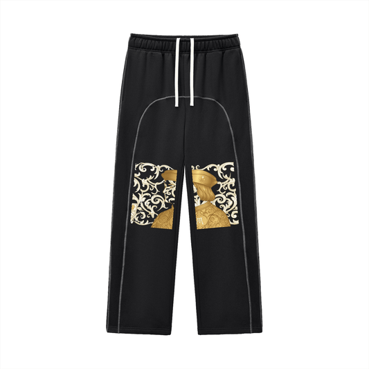 Cosimofiore Contrast-Stitched Fleece Sweatpants featuring elegant gold accents on a sleek black design.