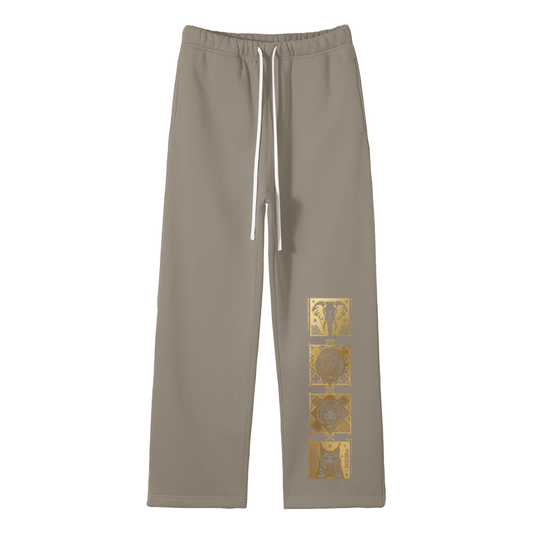 Goldonkey Unisex Solid Color Fleece Straight Leg Pants in beige with gold graphic design