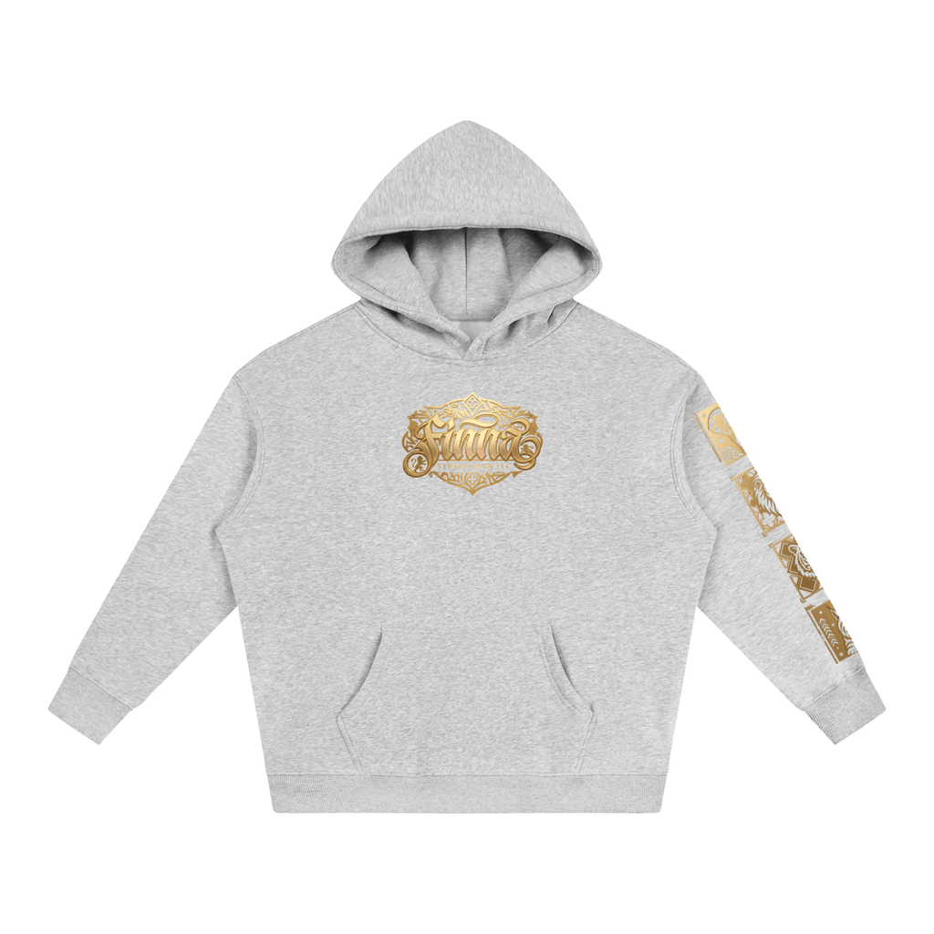 Goldonkey Oversize Fleeced Hoodie in light gray with gold graphic design.