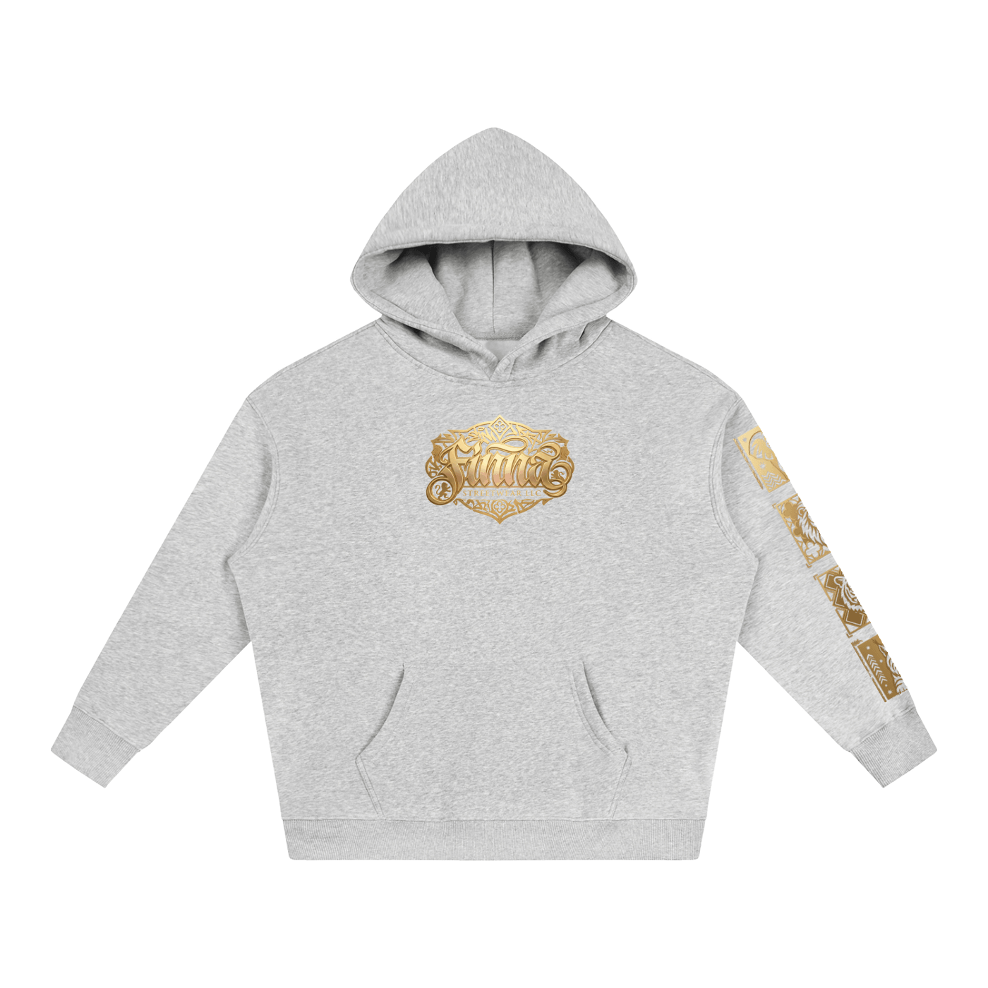 Goldonkey Oversize Fleeced Hoodie in light gray with gold graphic design.