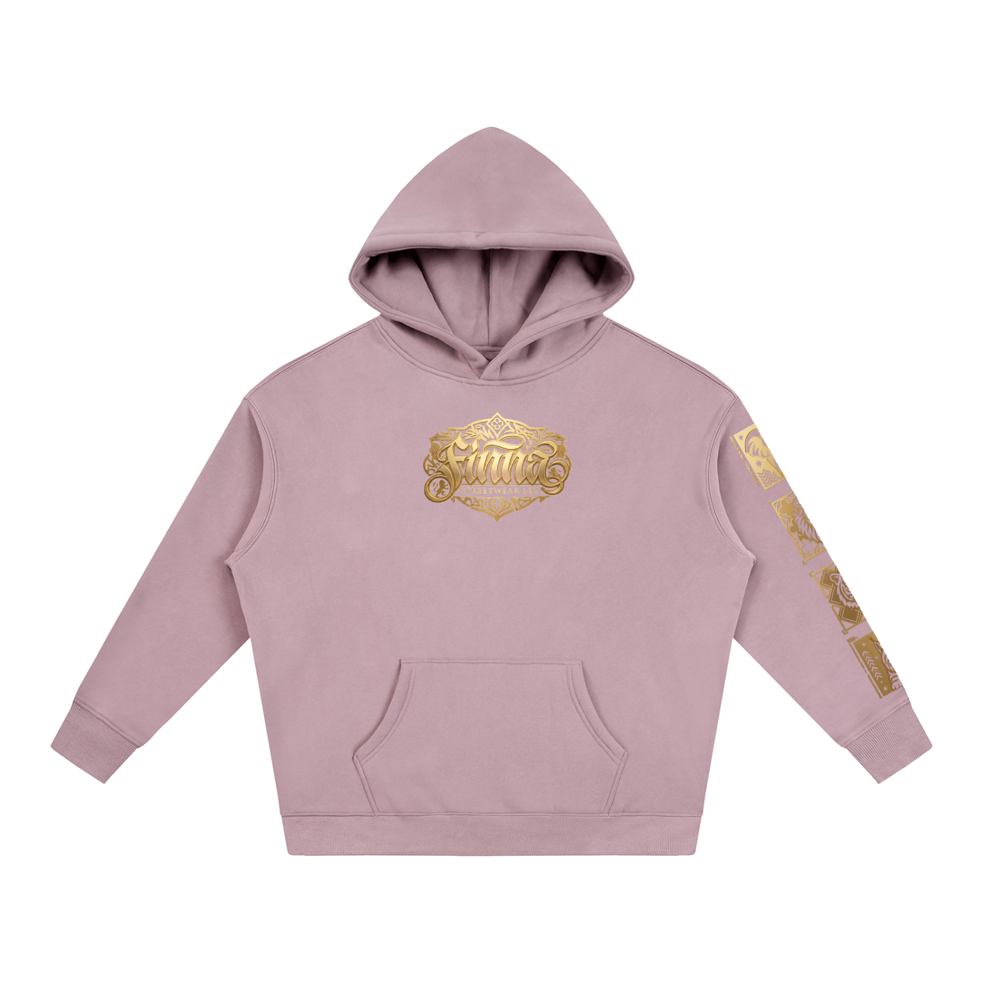 Goldonkey Oversize Fleeced Hoodie in blush pink with gold graphic design on front and sleeve.