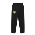 GoldFiore Essential Jogged Sweatpants featuring a logo on black fabric, perfect for comfort and style.