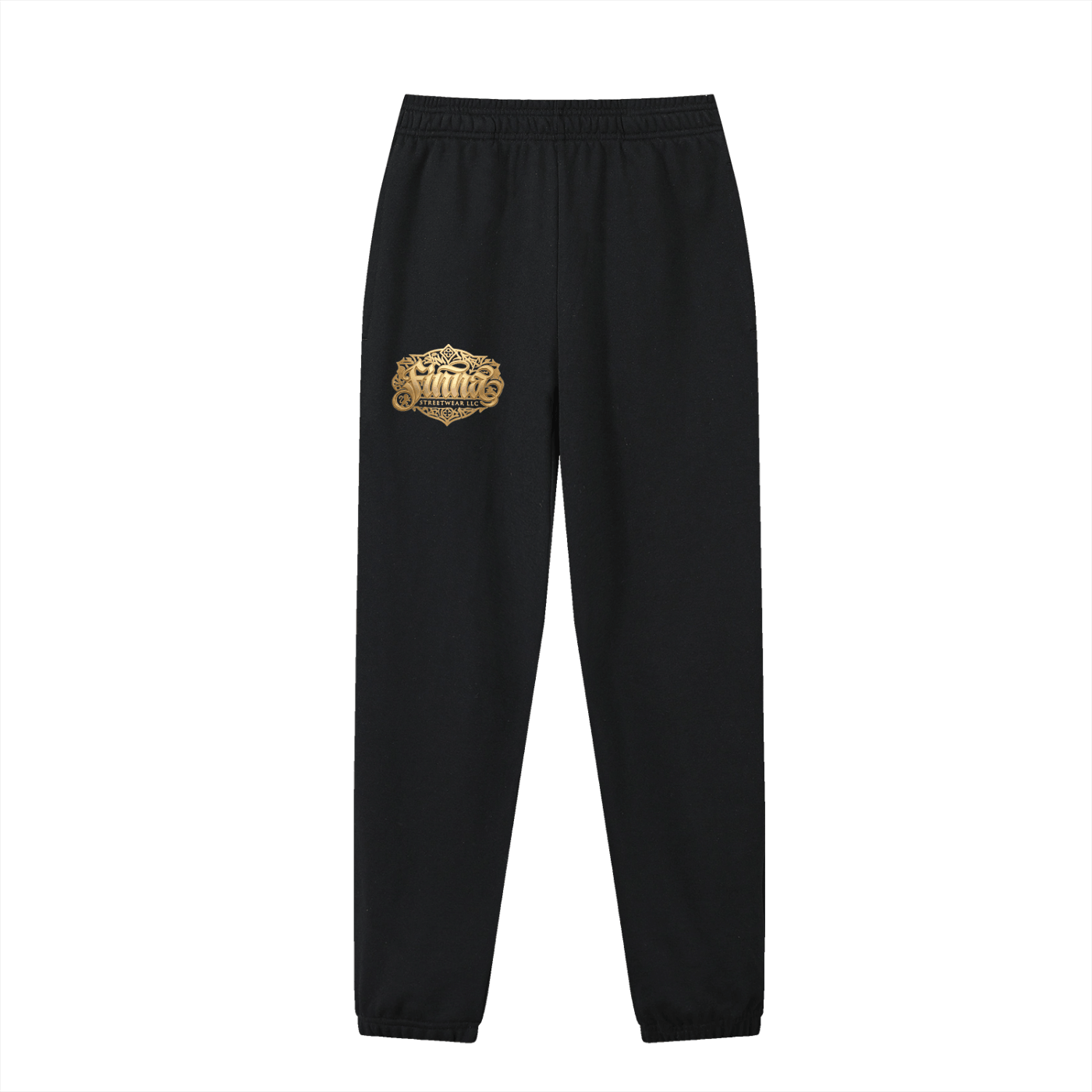 GoldFiore Essential Jogged Sweatpants featuring a logo on black fabric, perfect for comfort and style.