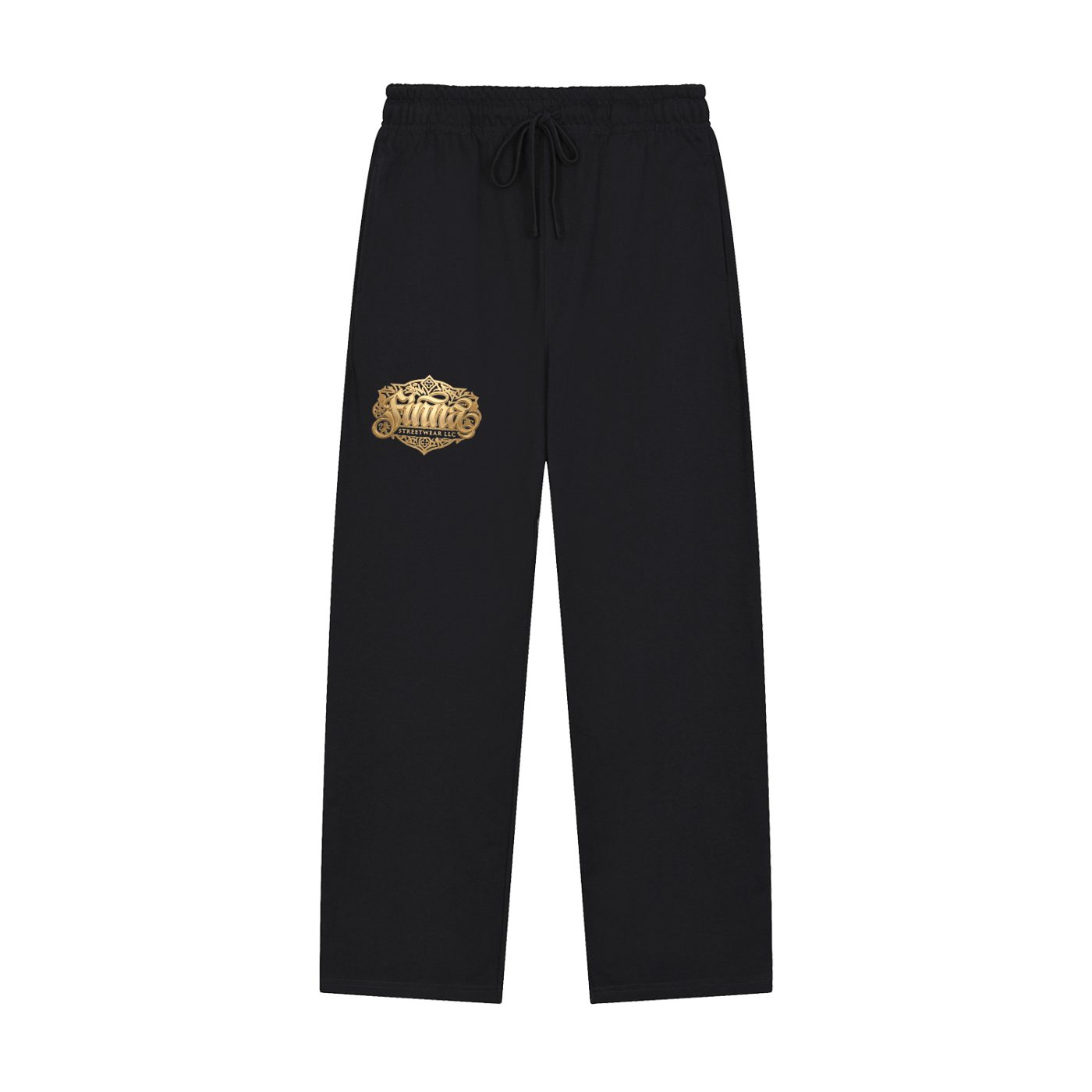 Goldfiore Solid Color Straight-Leg Sweatpants in black with gold logo detail.