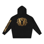 Goldonkey Oversize Fleeced Hoodie featuring a golden crest design on a black background.