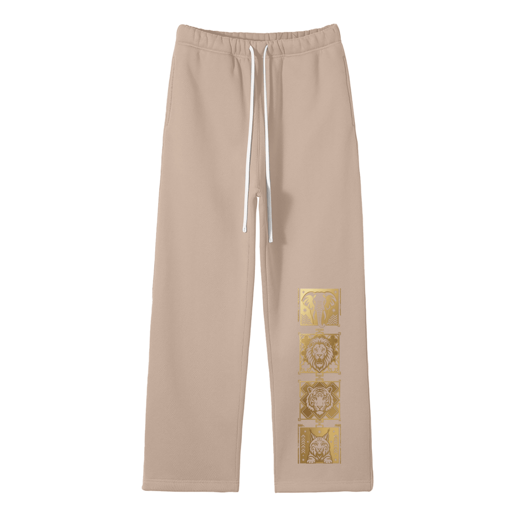 Goldonkey Unisex Solid Color Fleece Straight Leg Pants in beige with gold graphic design on the side.
