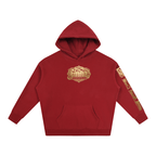 Goldonkey Oversize Fleeced Hoodie in red with gold graphic design on the front and sleeve.