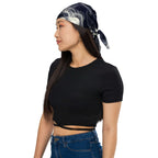 Smokey All-Over Print Bandana for Stylish Streetwear worn by a woman in a black crop top, showcasing versatile styling options.