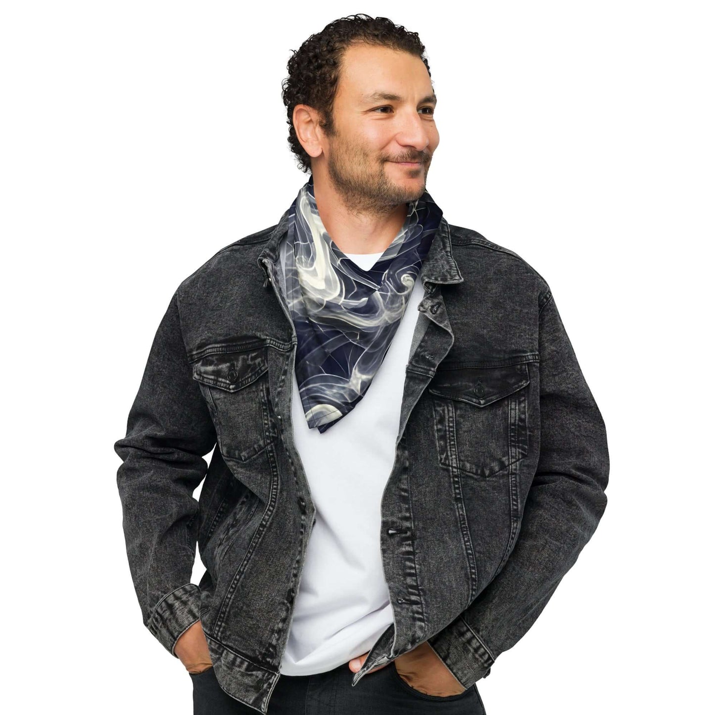 Smokey All-Over Print Bandana for Stylish Streetwear worn casually by a man in a denim jacket.
