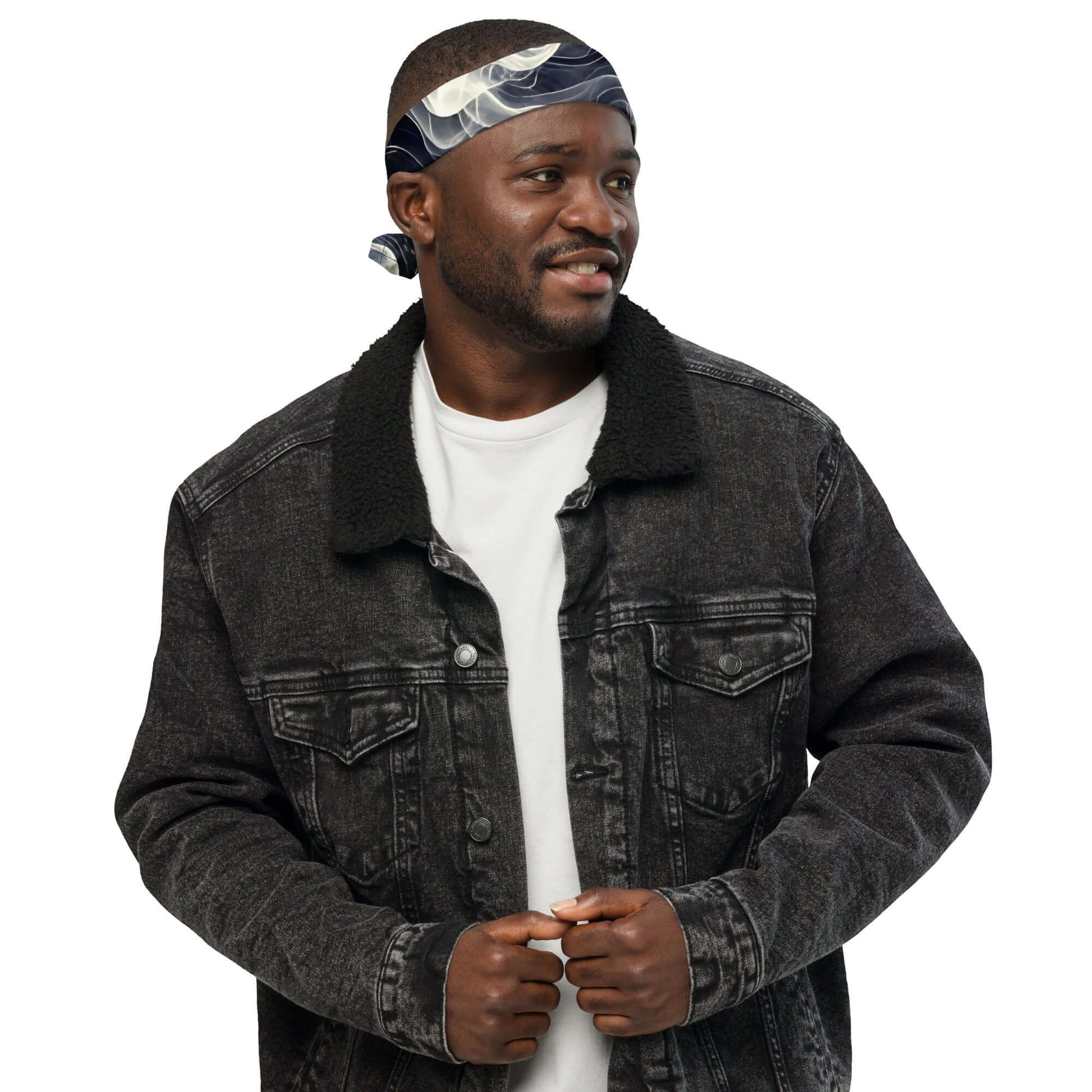 Smokey All-Over Print Bandana for Stylish Streetwear worn by a man in a black jacket.