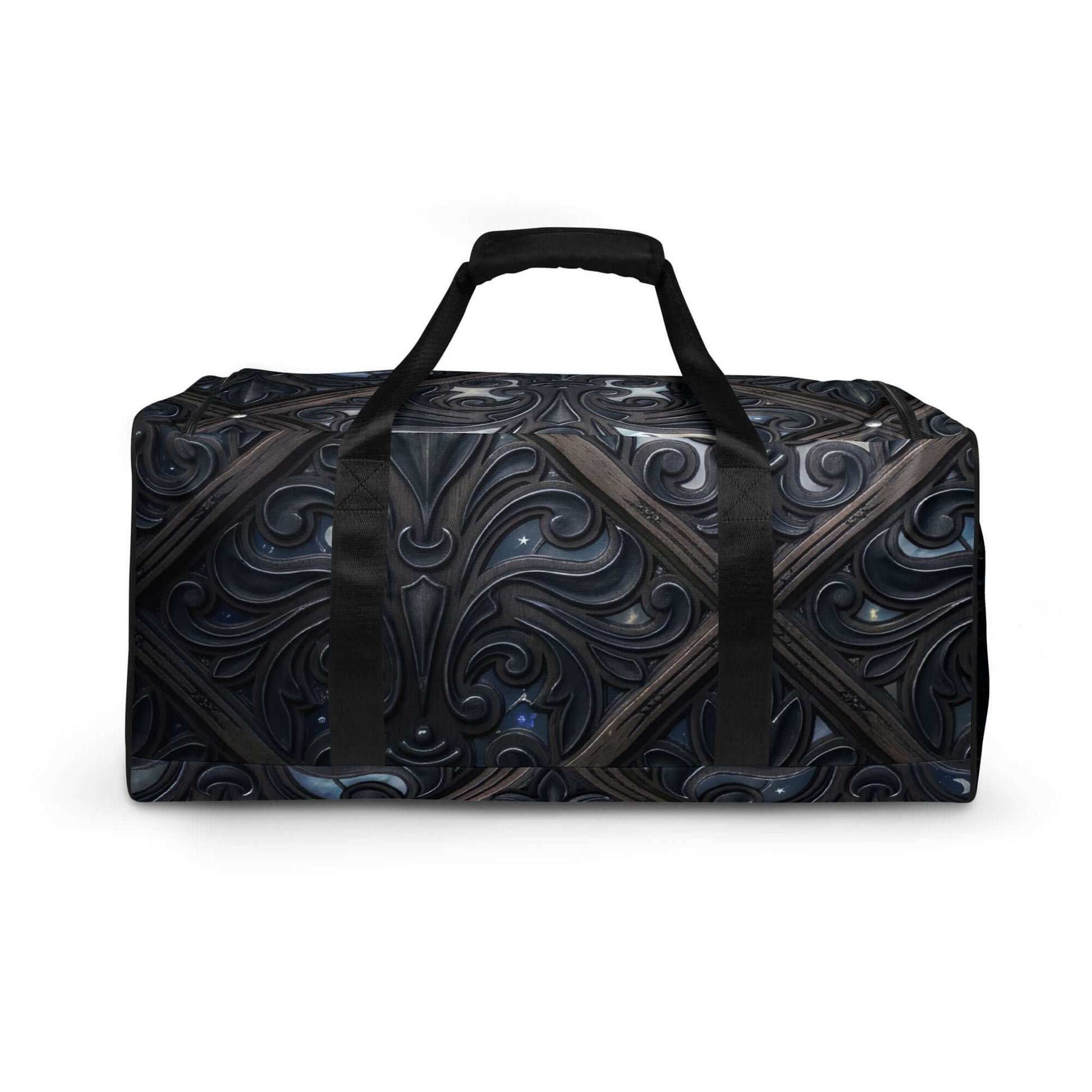 Art Deco Filigreee Duffle bag for men with an elegant design featuring intricate patterns in dark tones.