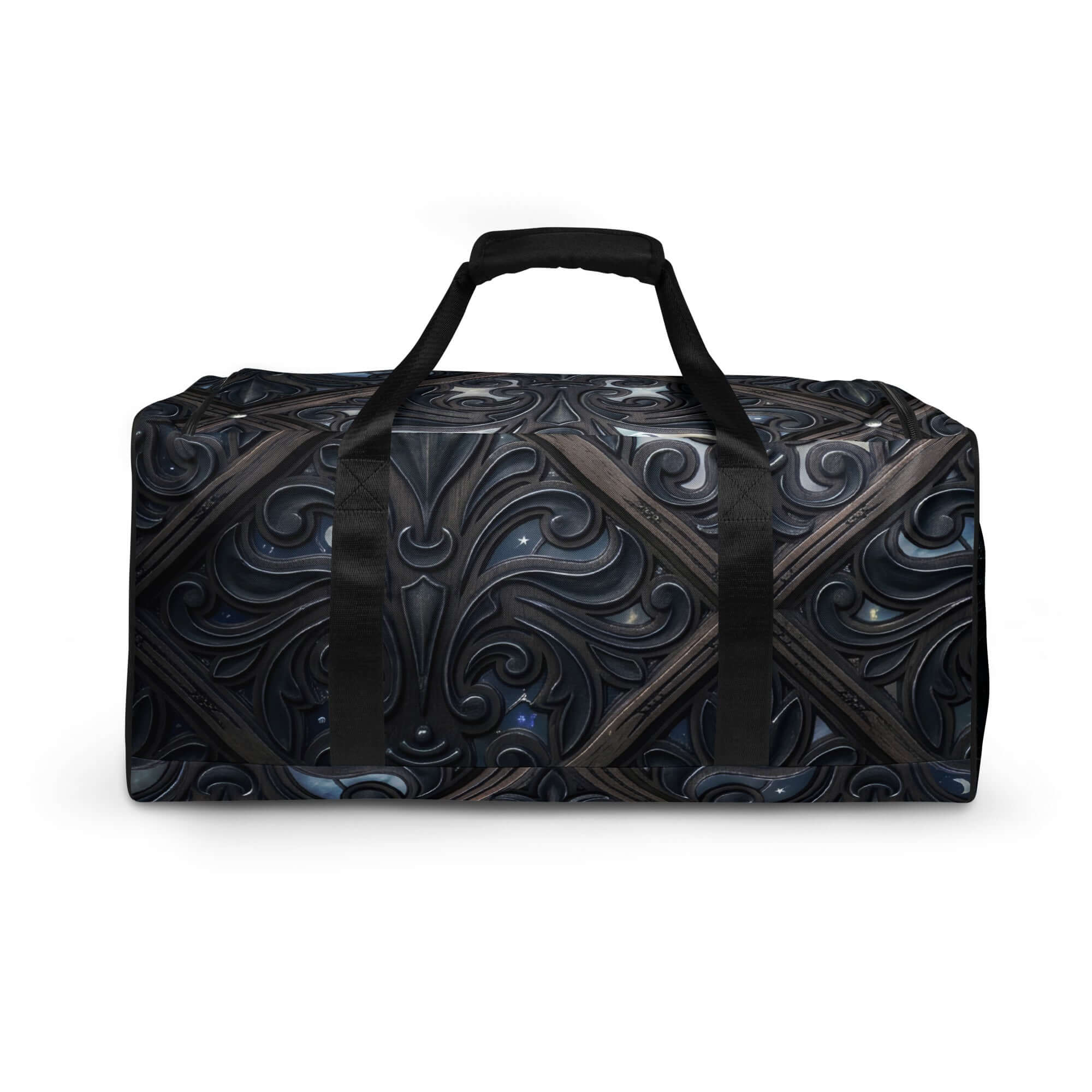 Art Deco Filigreee Duffle bag for men with an elegant design featuring intricate patterns in dark tones.