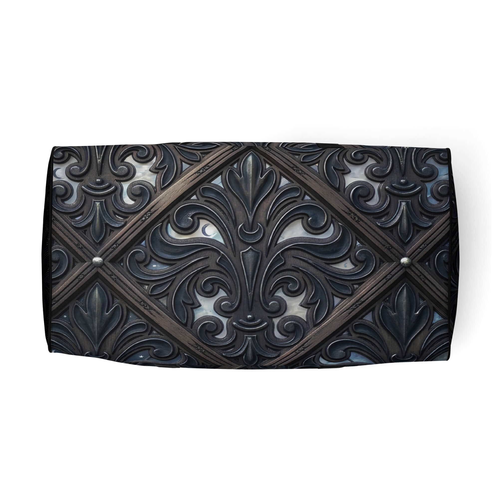 Art Deco Filigreee Duffle bag for men with intricate black and silver filigree design