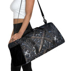 Art Deco Filigreee Duffle bag for men being carried by a woman, showcasing its intricate design.