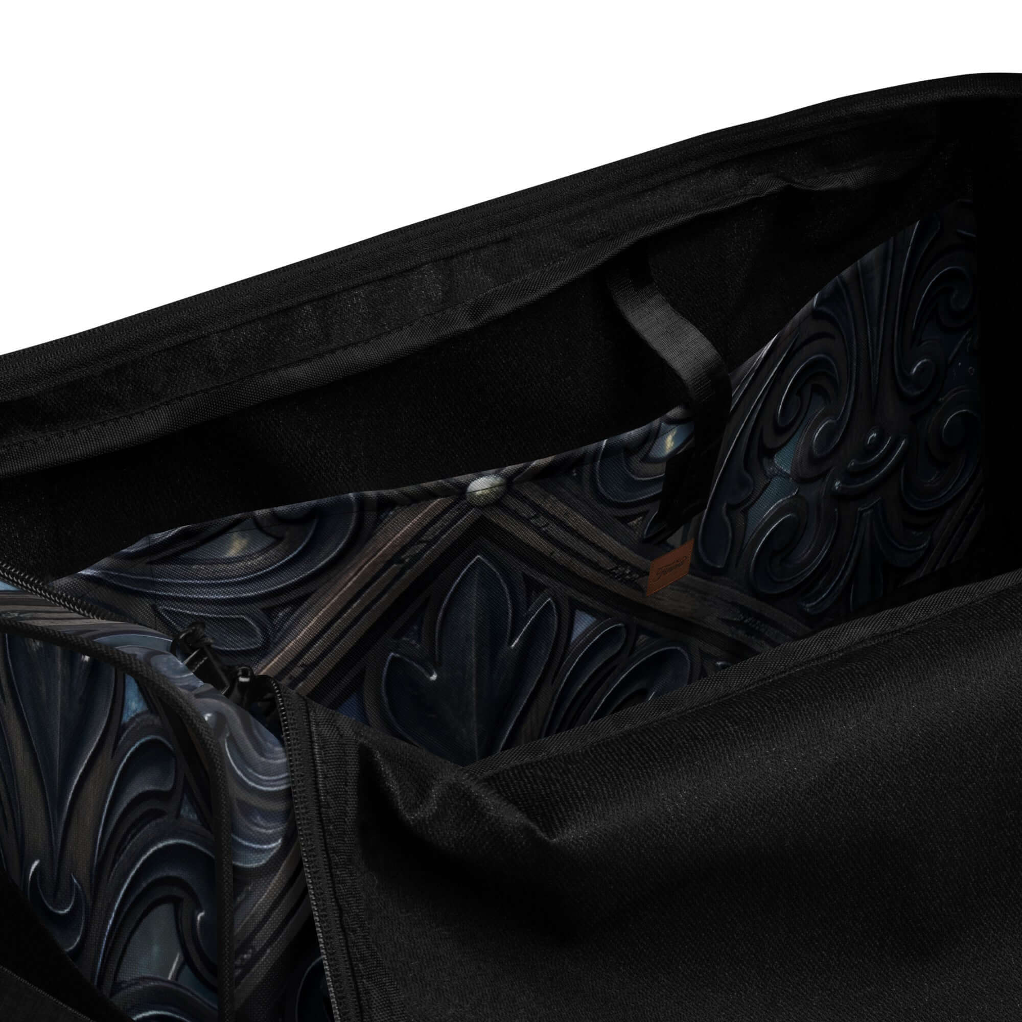Interior view of Art Deco Filigreee Duffle bag for men showcasing intricate design and spacious compartments.