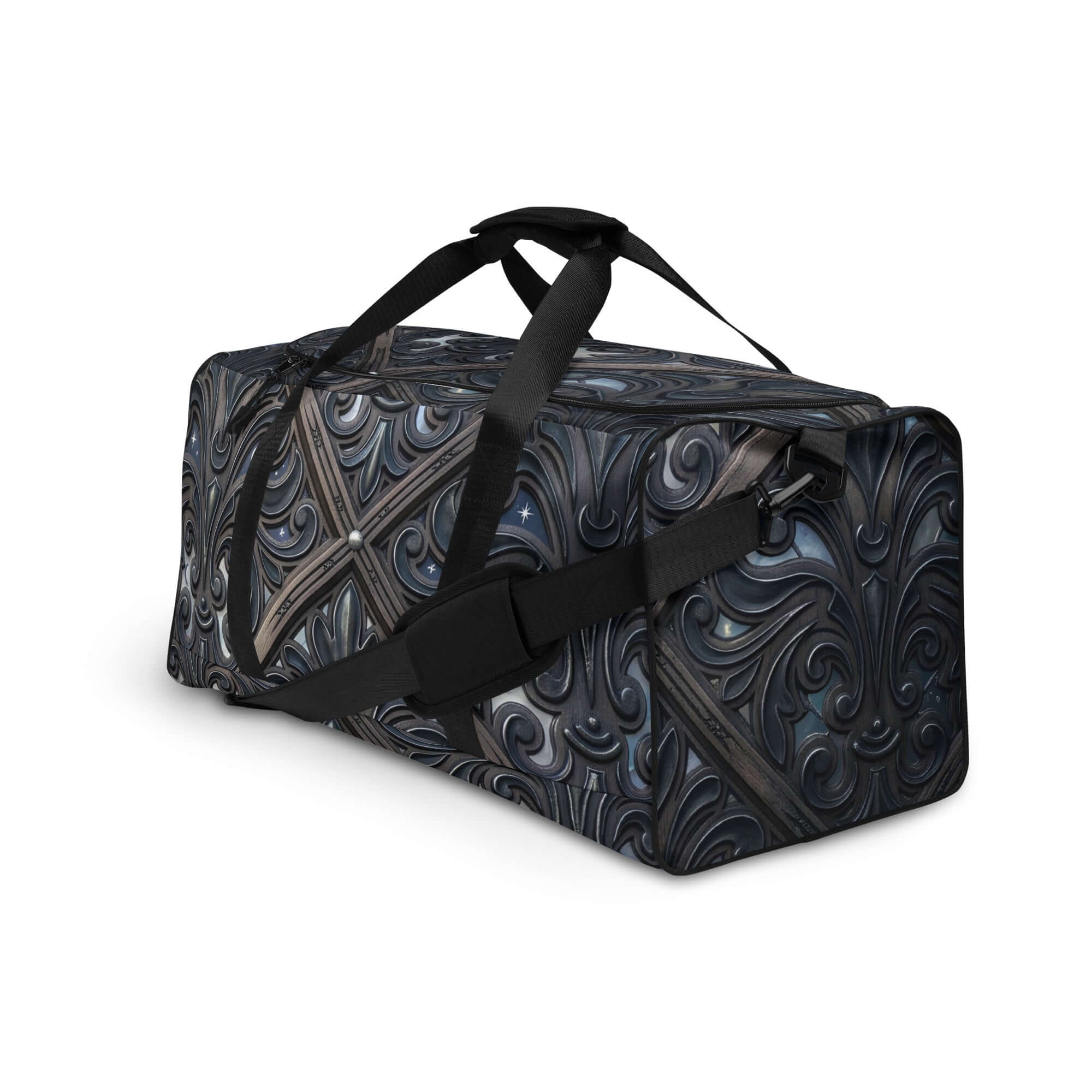 Art Deco Filigreee Duffle bag for men featuring a stylish swirling pattern and ample storage for all occasions.