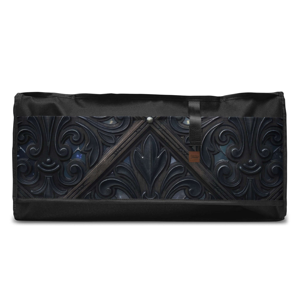 Art Deco Filigreee Duffle bag for men with intricate black filigree design.