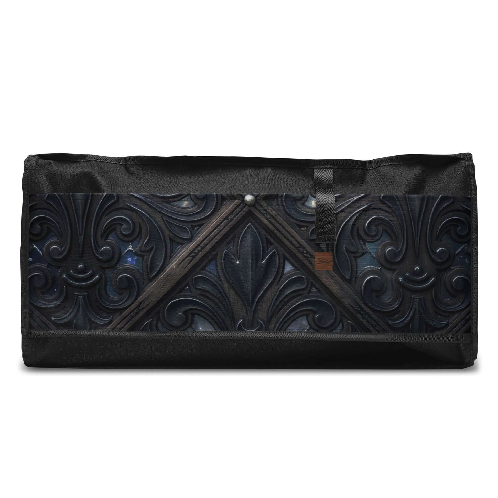 Art Deco Filigreee Duffle bag for men with intricate black filigree design.