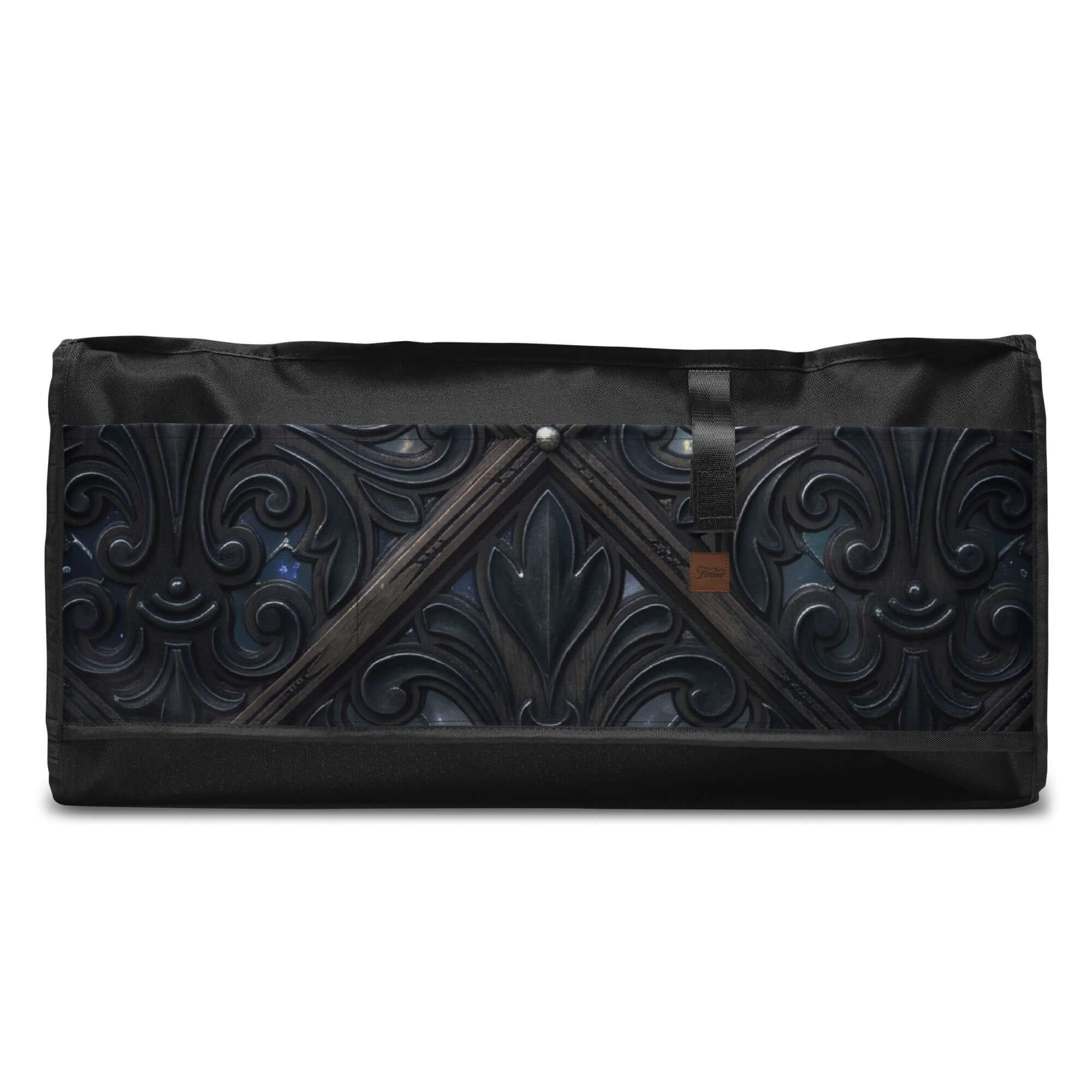 Art Deco Filigreee Duffle bag for men with intricate black filigree design.