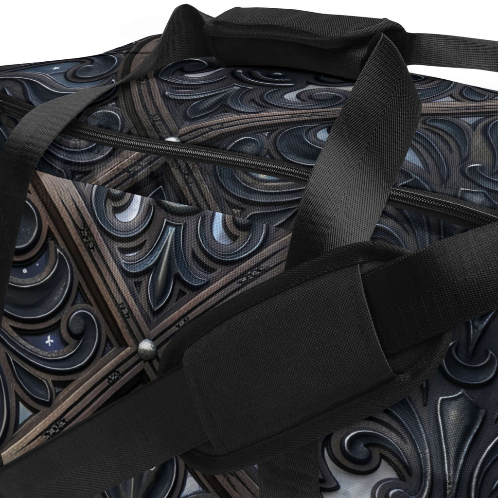 Art Deco Filigreee Duffle bag for men with intricate designs and multiple pockets, perfect for travel or gym use.