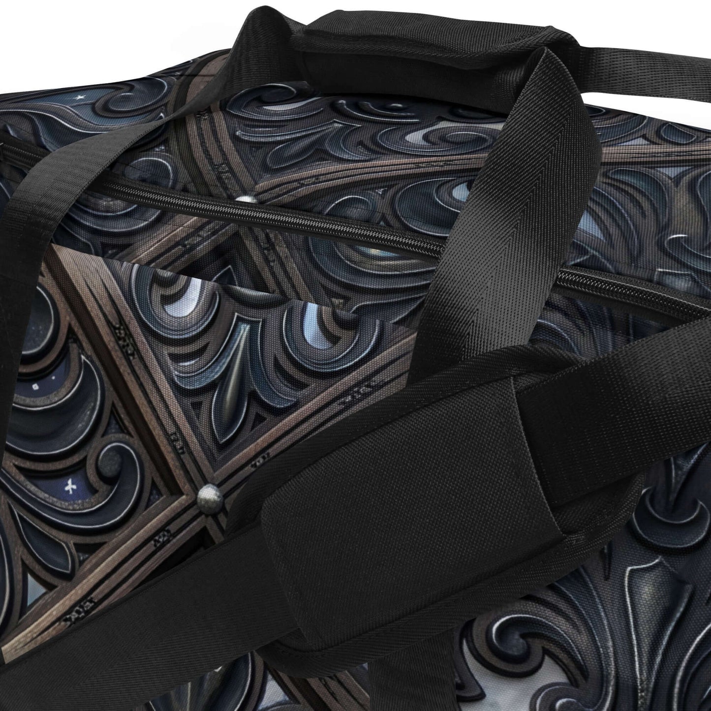 Art Deco Filigreee Duffle bag for men with intricate designs and multiple pockets, perfect for travel or gym use.