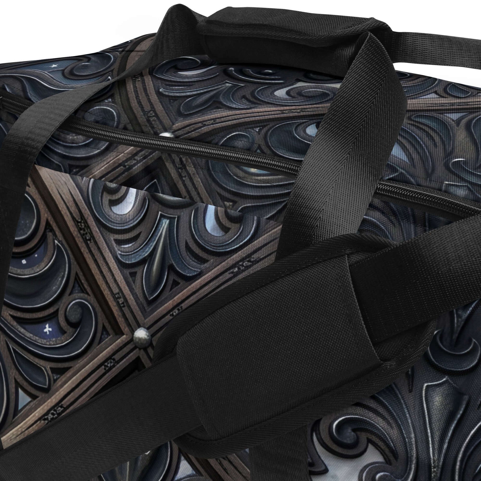 Art Deco Filigreee Duffle bag for men with intricate designs and multiple pockets, perfect for travel or gym use.