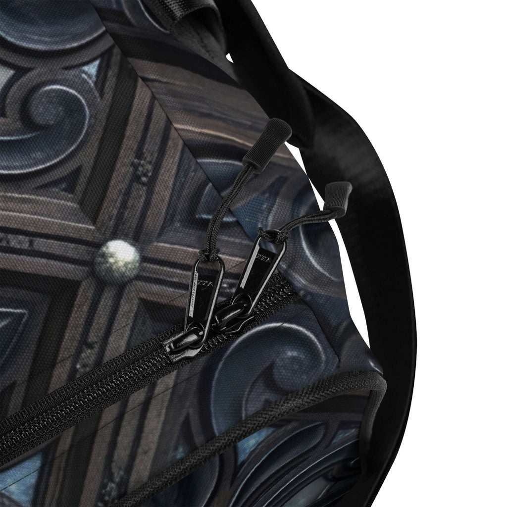 Art Deco Filigreee Duffle bag for men showcasing intricate zipper design and stylish patterns.
