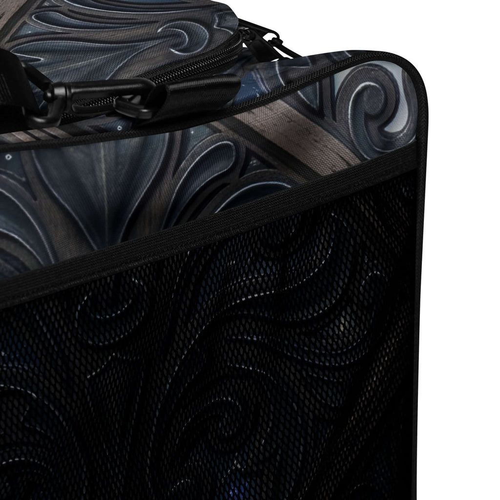 Art Deco Filigreee Duffle bag for men showing intricate design and spacious interior with pockets, ideal for travel and gym.
