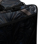 Art Deco Filigreee Duffle bag for men showing intricate design and spacious interior with pockets, ideal for travel and gym.
