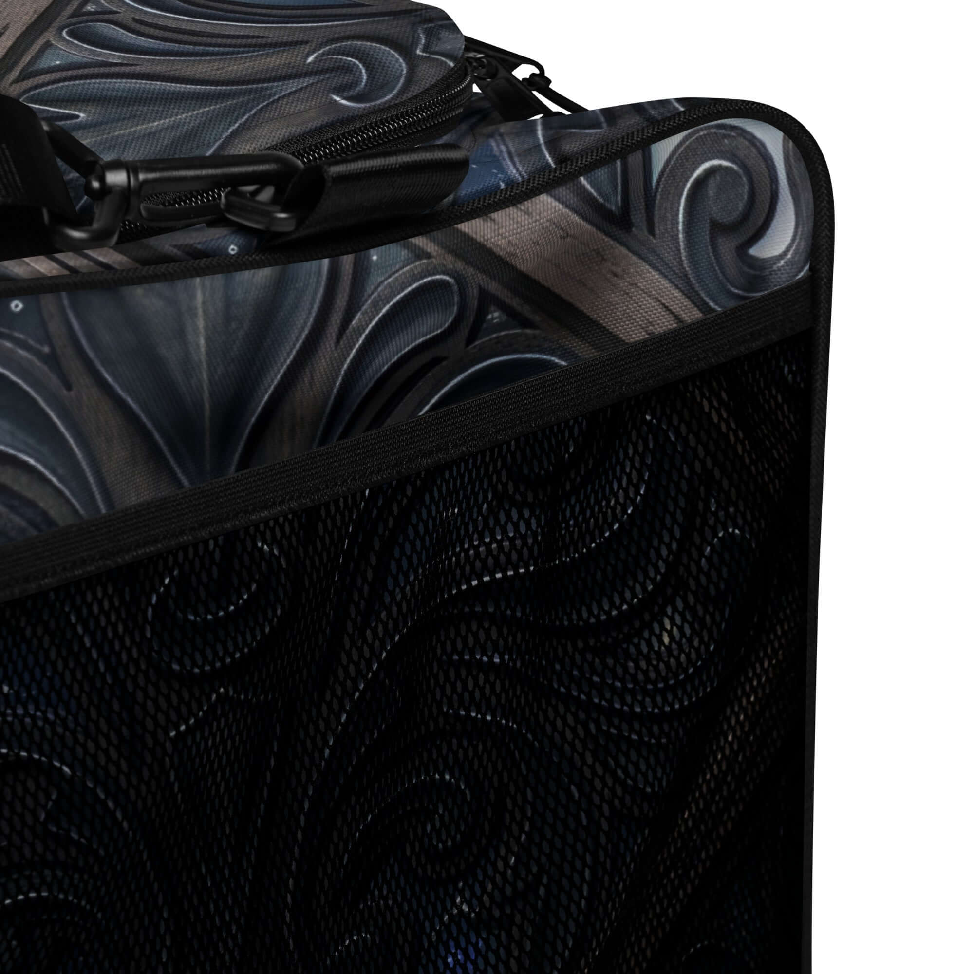 Art Deco Filigreee Duffle bag for men showing intricate design and spacious interior with pockets, ideal for travel and gym.