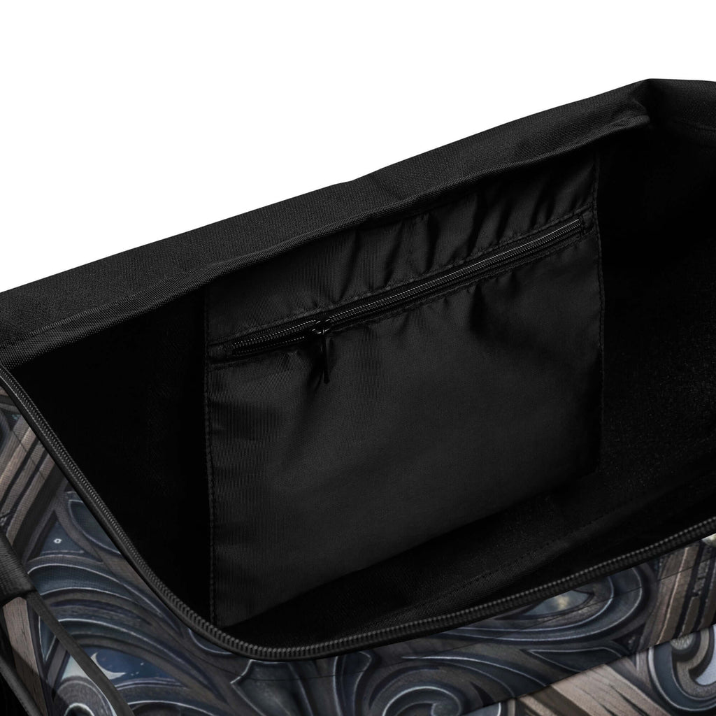 Interior view of the Art Deco Filigreee Duffle bag for men, showcasing spacious compartments and a zippered pocket.