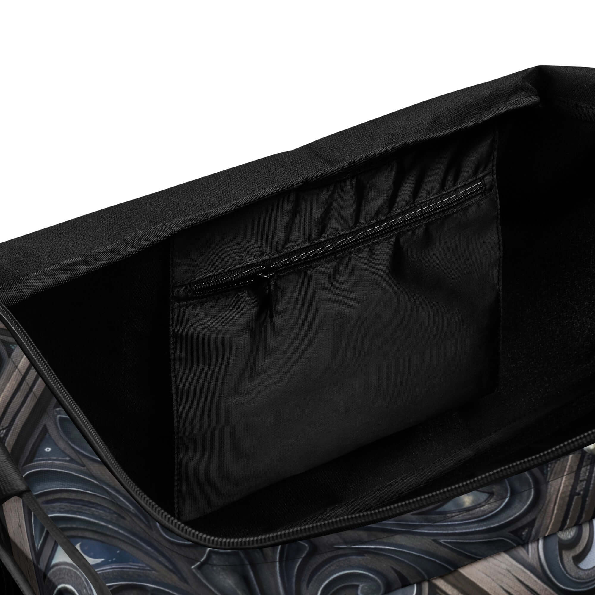 Interior view of the Art Deco Filigreee Duffle bag for men, showcasing spacious compartments and a zippered pocket.