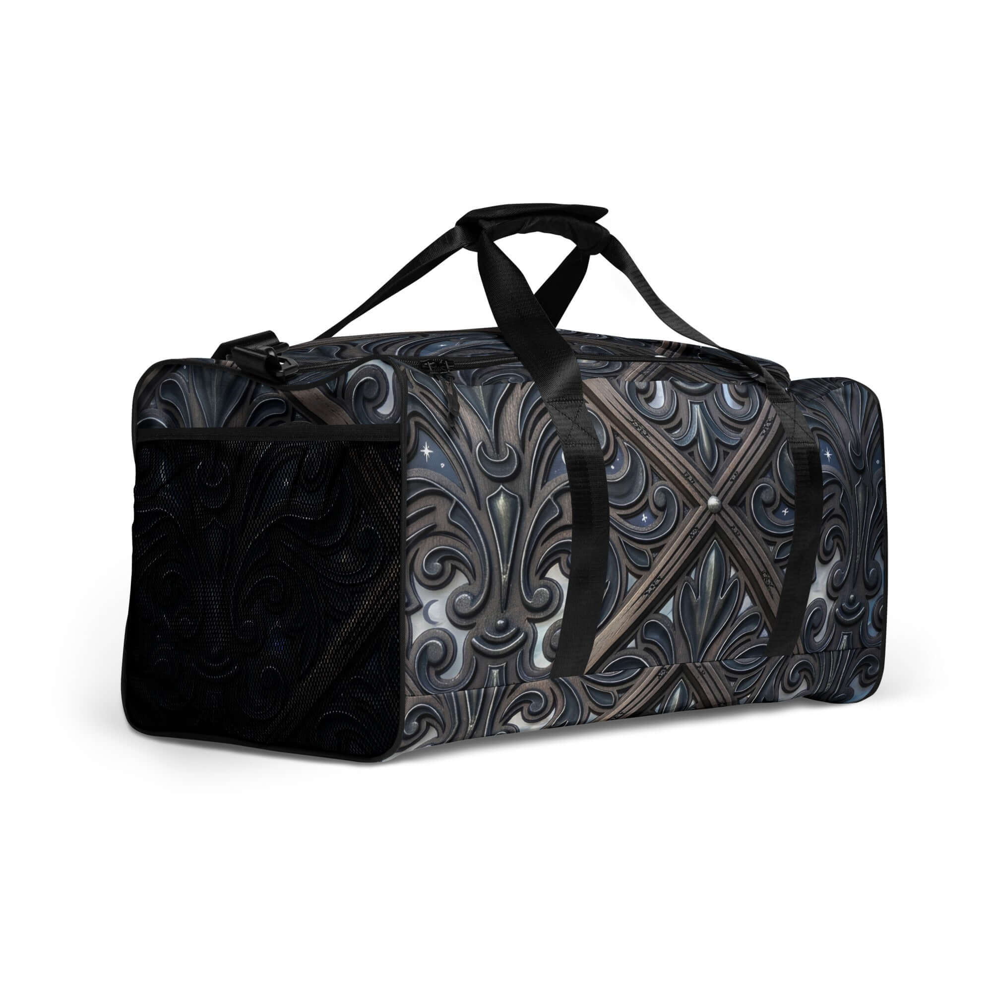 Art Deco Filigreee Duffle bag for men showcasing intricate design and spacious organization features.