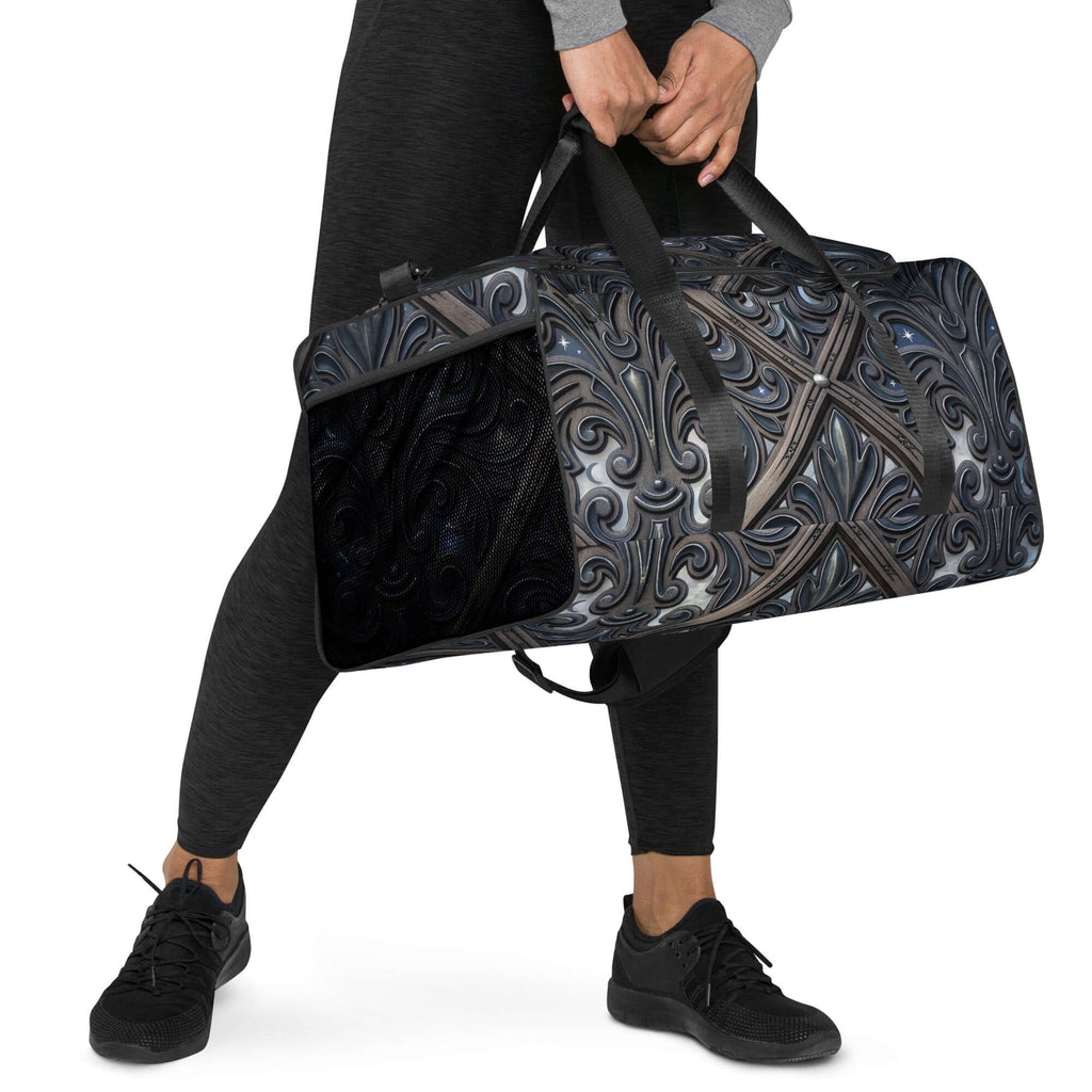 Art Deco Filigreee Duffle bag for men being carried by a person, highlighting its unique design and spaciousness.