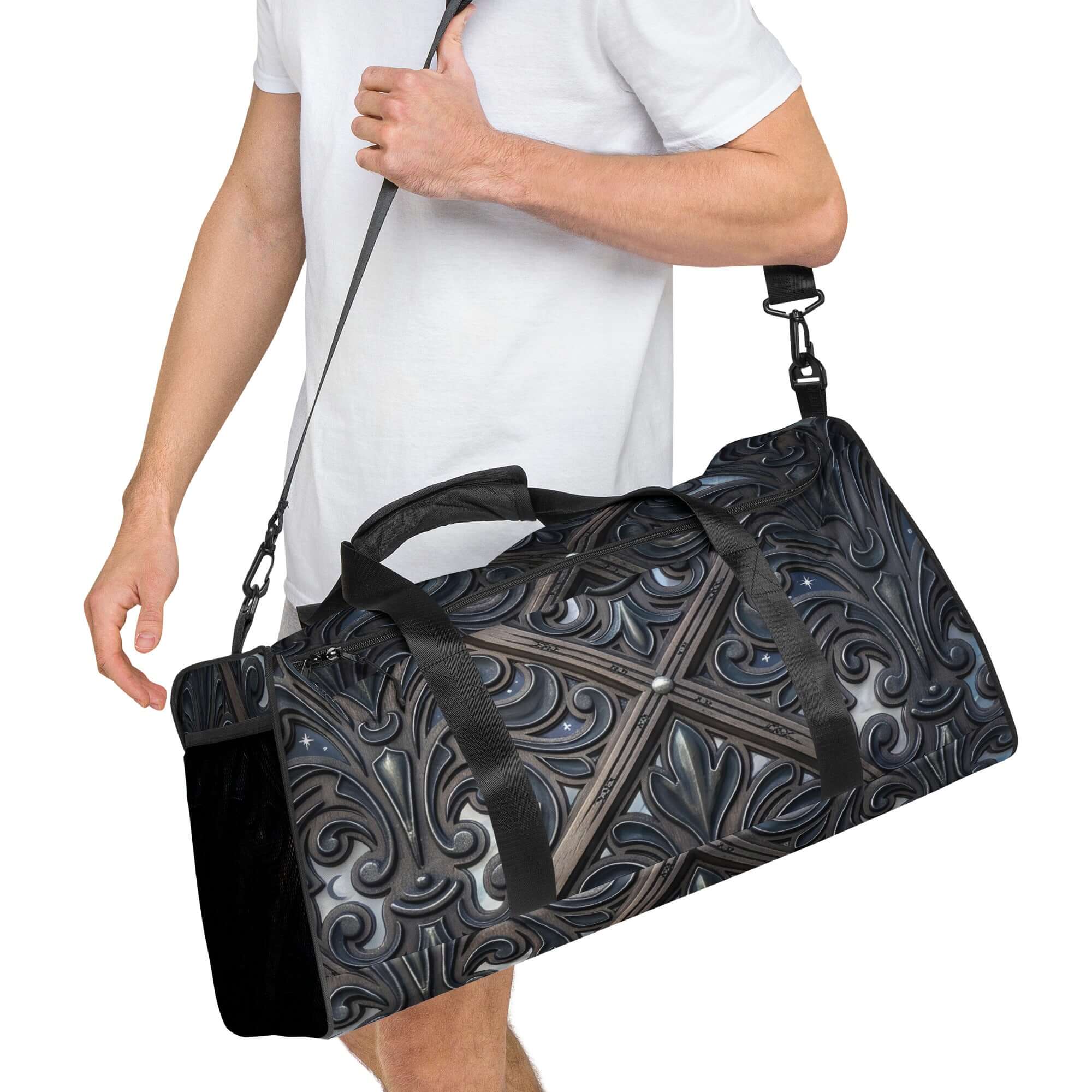 Art Deco Filigreee Duffle bag for men being carried by a man, featuring intricate design and spacious compartments.