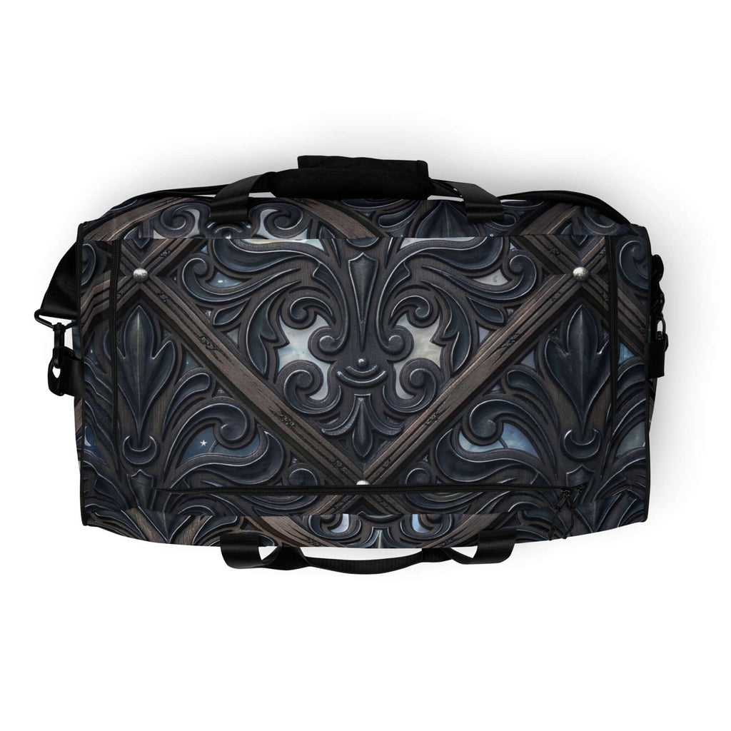 Art Deco Filigreee Duffle bag for men featuring intricate filigree design in dark tones.